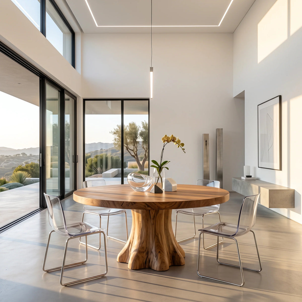 Round Solid Wood Dining Table with Sculptural Flared Pedestal Base