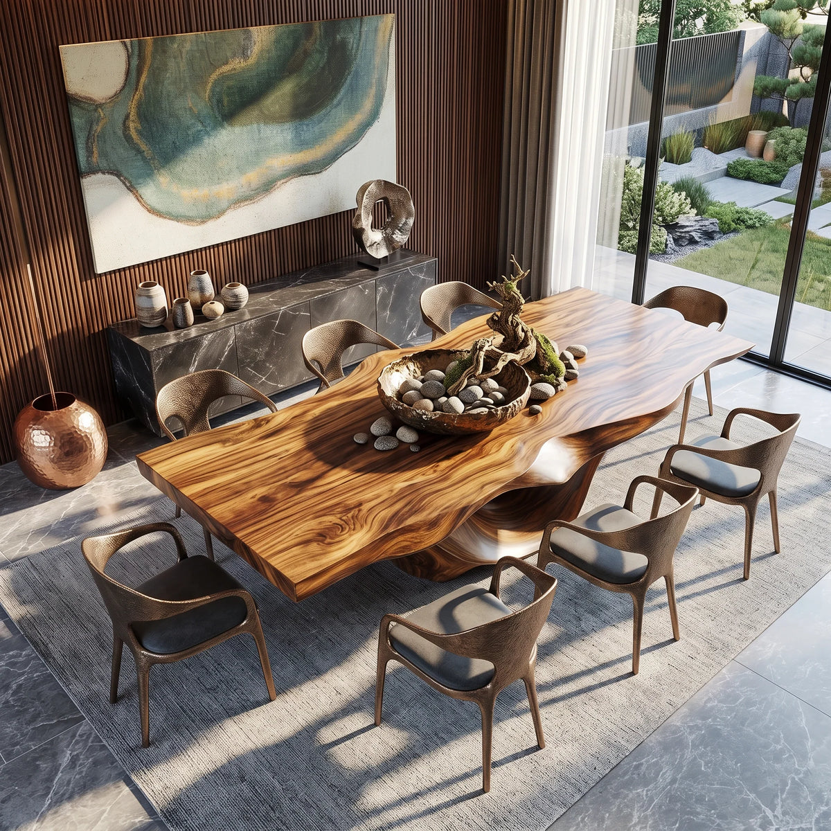 Organic Solid Wood Dining Table with Sculptural Canyon Base