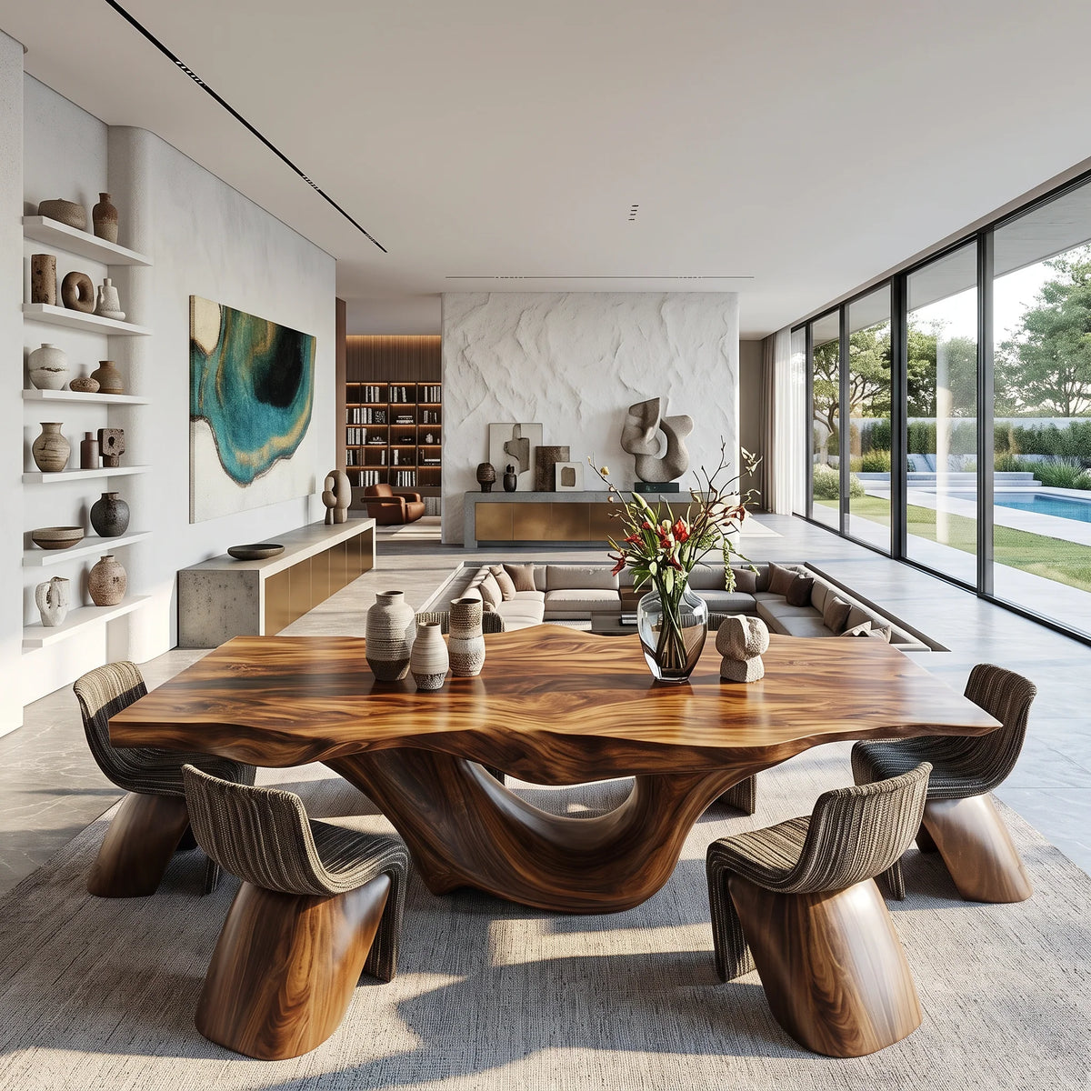 Organic Solid Wood Dining Table with Sculptural Canyon Base