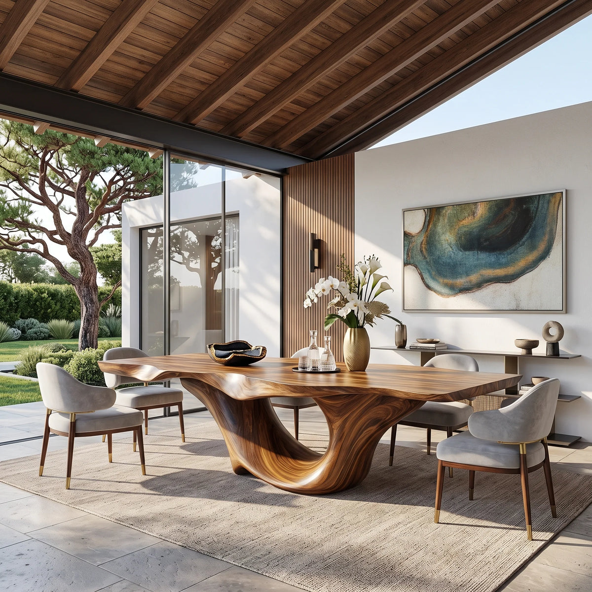 Organic Solid Wood Dining Table with Sculptural Canyon Base