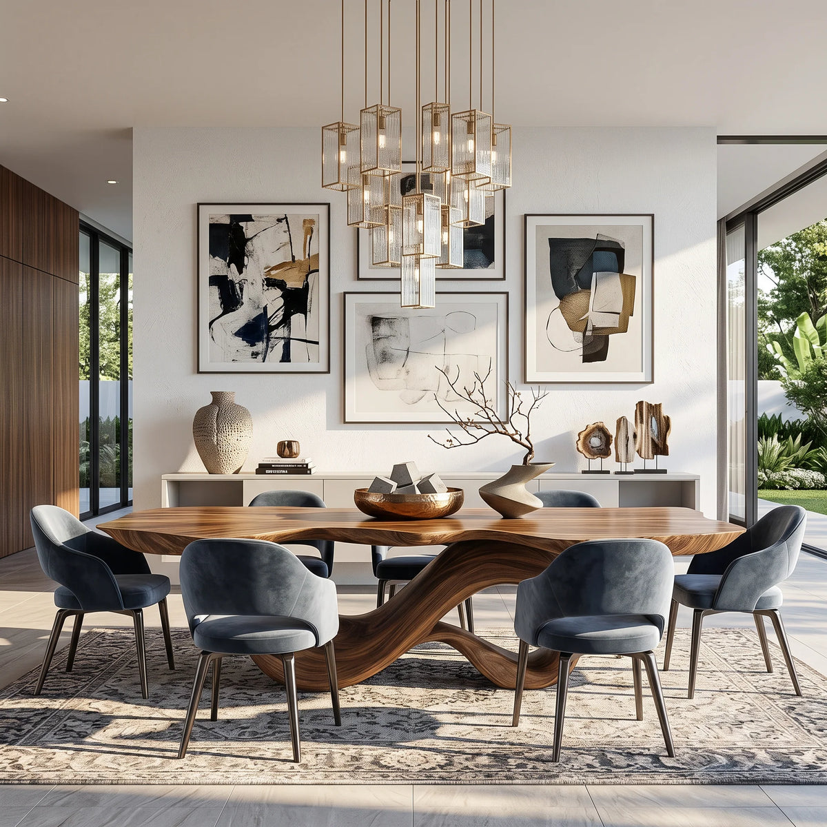 Modern Solid Wood Dining Table with Sculptural Double Loop Base
