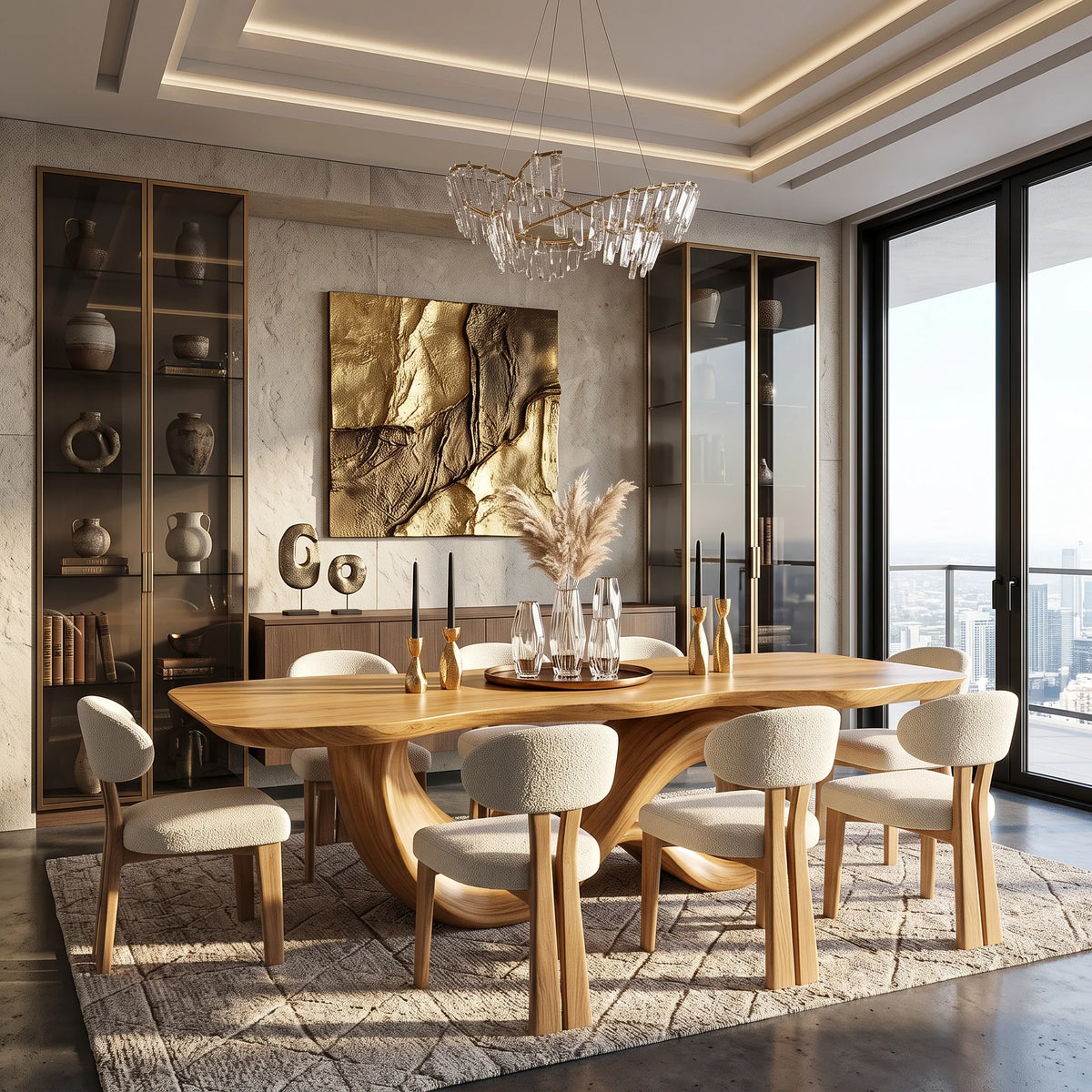 Modern Solid Wood Dining Table with Sculptural Double Loop Base