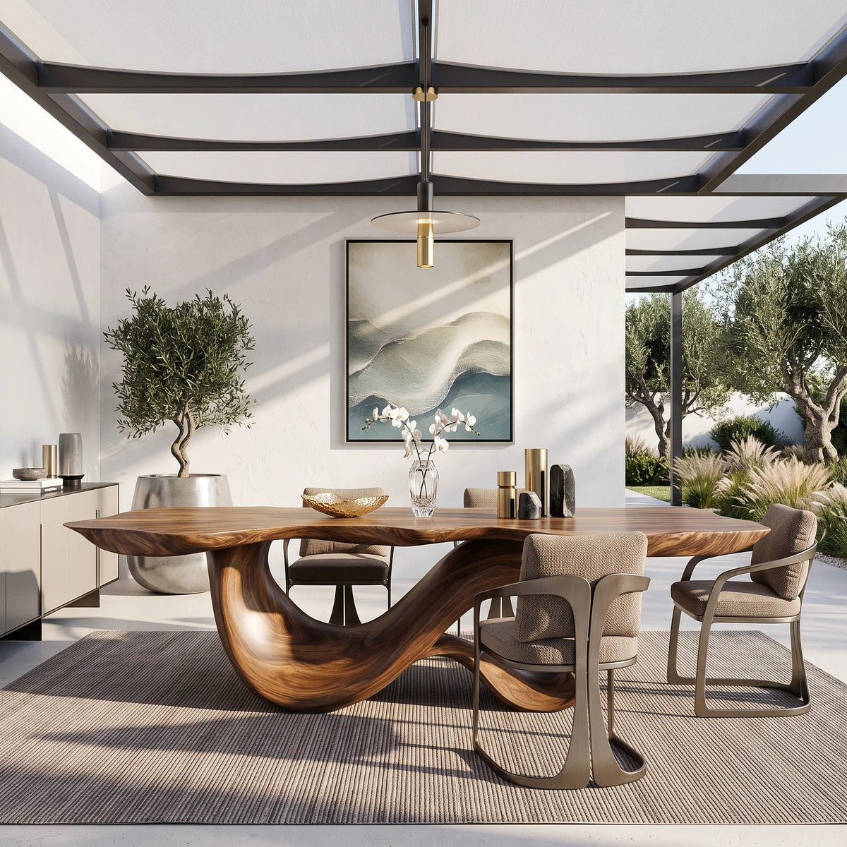 Modern Solid Wood Dining Table with Sculptural Double Loop Base