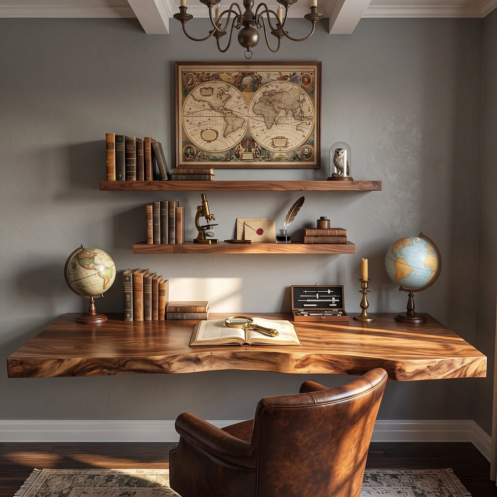 Floating Solid Wood Corner Desk with Live Edge Top – Organic Wall-Mounted Workspace Design
