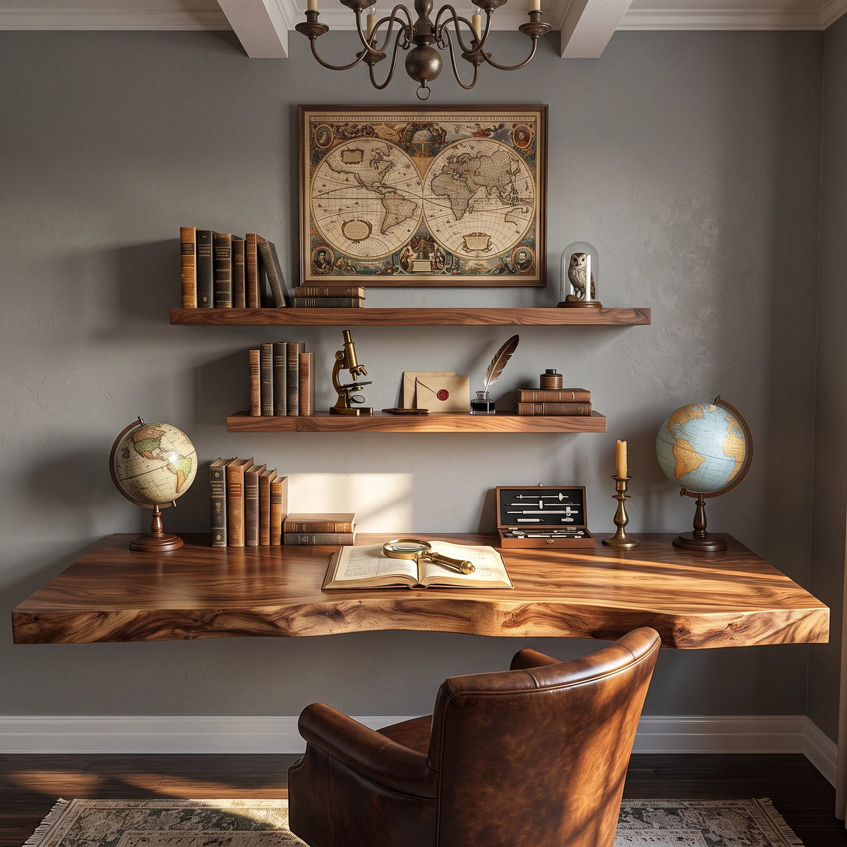 Floating Solid Wood Corner Desk with Live Edge Top – Organic Wall-Mounted Workspace Design