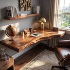 Floating Solid Wood Corner Desk with Live Edge Top – Organic Wall-Mounted Workspace Design