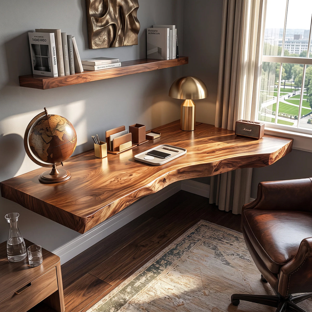 Floating Solid Wood Corner Desk with Live Edge Top – Organic Wall-Mounted Workspace Design