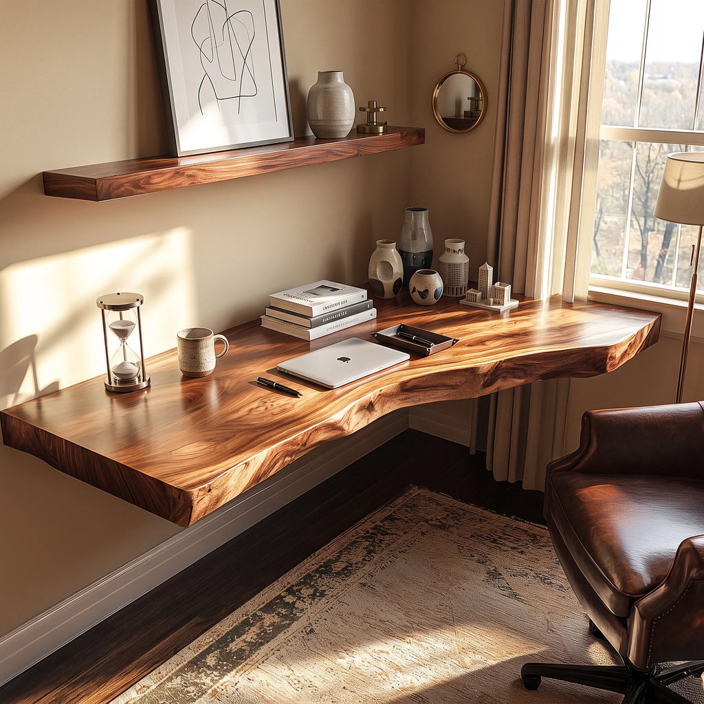 Floating Solid Wood Corner Desk with Live Edge Top – Organic Wall-Mounted Workspace Design