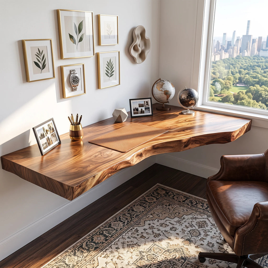 Floating Solid Wood Corner Desk with Live Edge Top – Organic Wall-Mounted Workspace Design