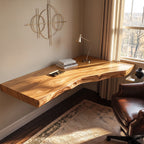 Floating Solid Wood Corner Desk with Live Edge Top – Organic Wall-Mounted Workspace Design
