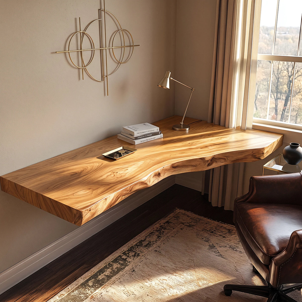 Floating Solid Wood Corner Desk with Live Edge Top – Organic Wall-Mounted Workspace Design