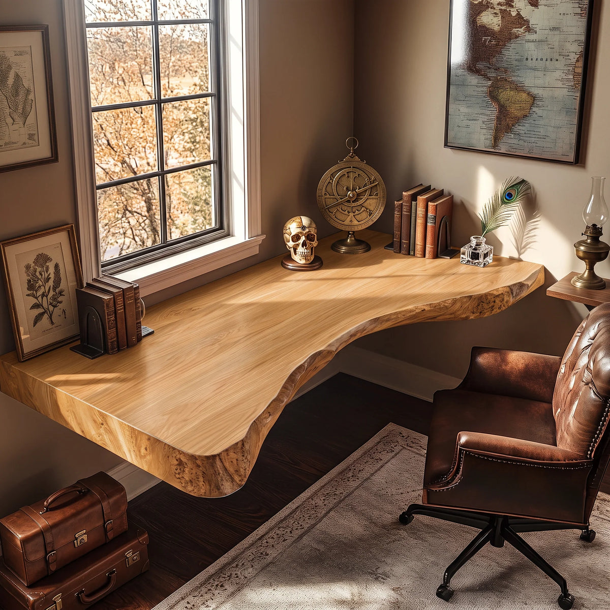 Floating Solid Wood Corner Desk with Curved Live Edge – Natural Slab Design for Modern Home Office
