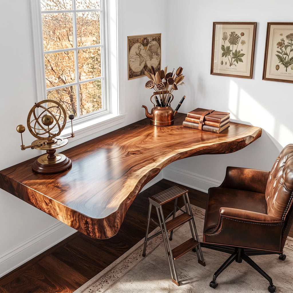 Floating Solid Wood Corner Desk with Curved Live Edge – Natural Slab Design for Modern Home Office