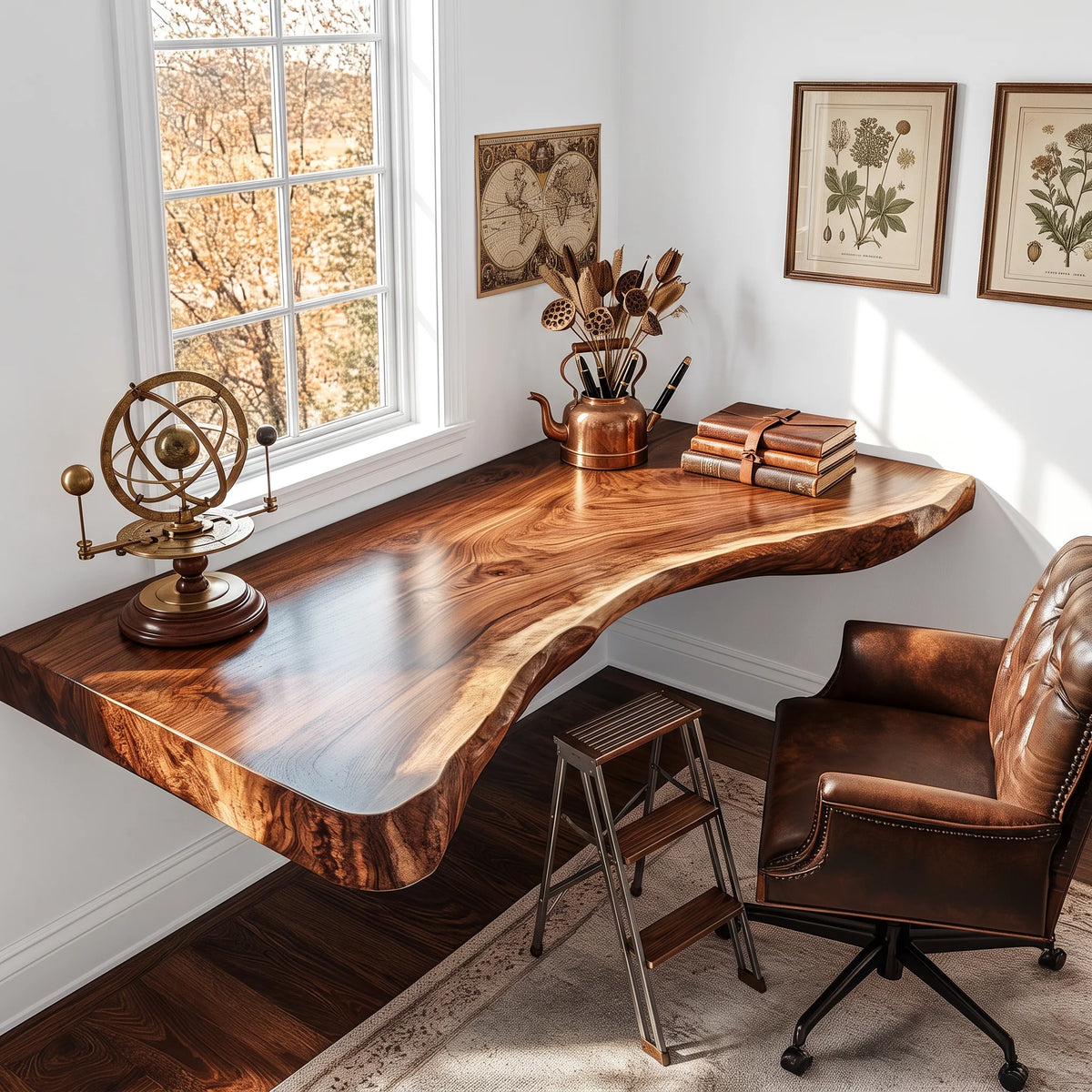 Floating Solid Wood Corner Desk with Curved Live Edge – Natural Slab Design for Modern Home Office
