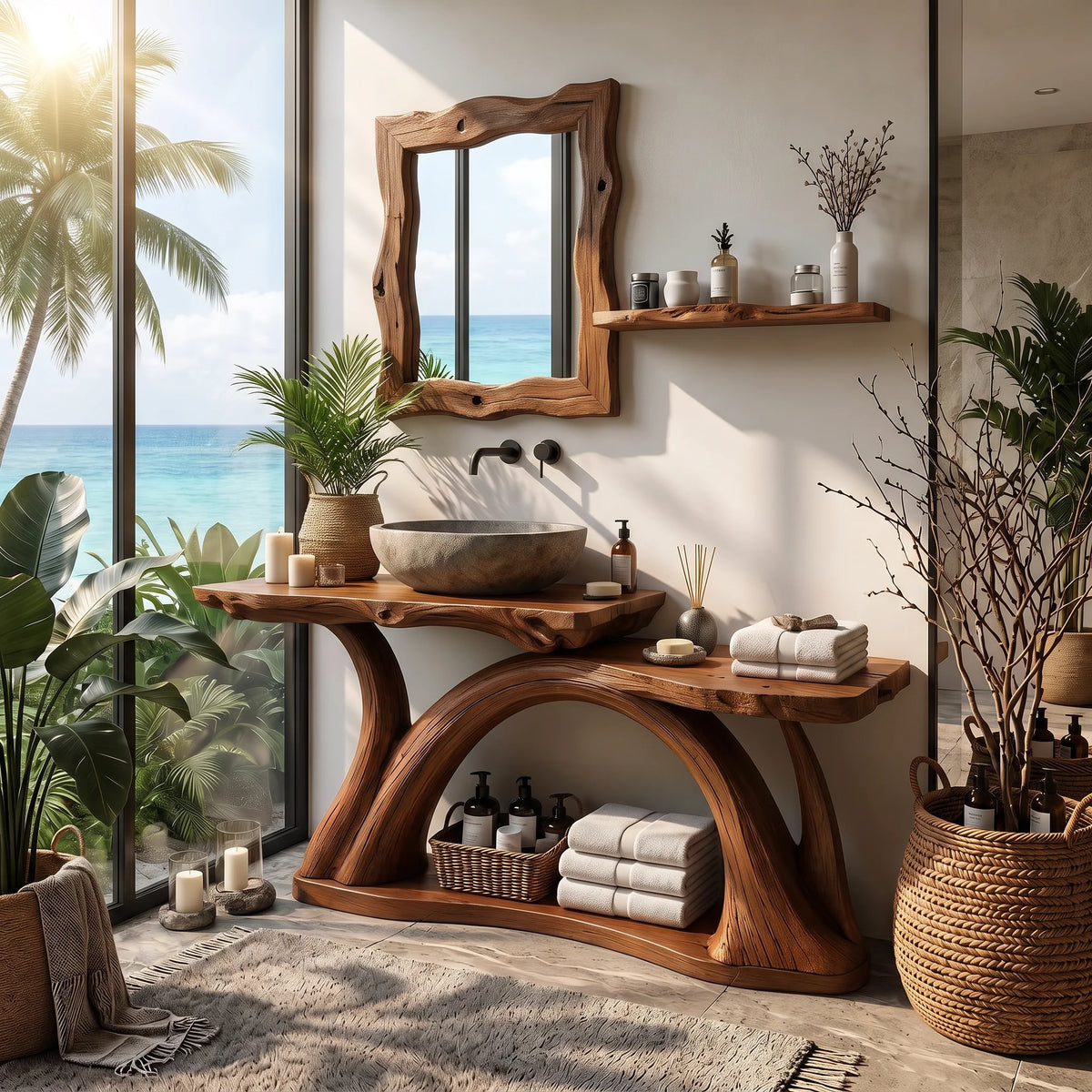 Bathroom Vanity Solid Wood with Sculptural Arch Base and Open Shelf Storage