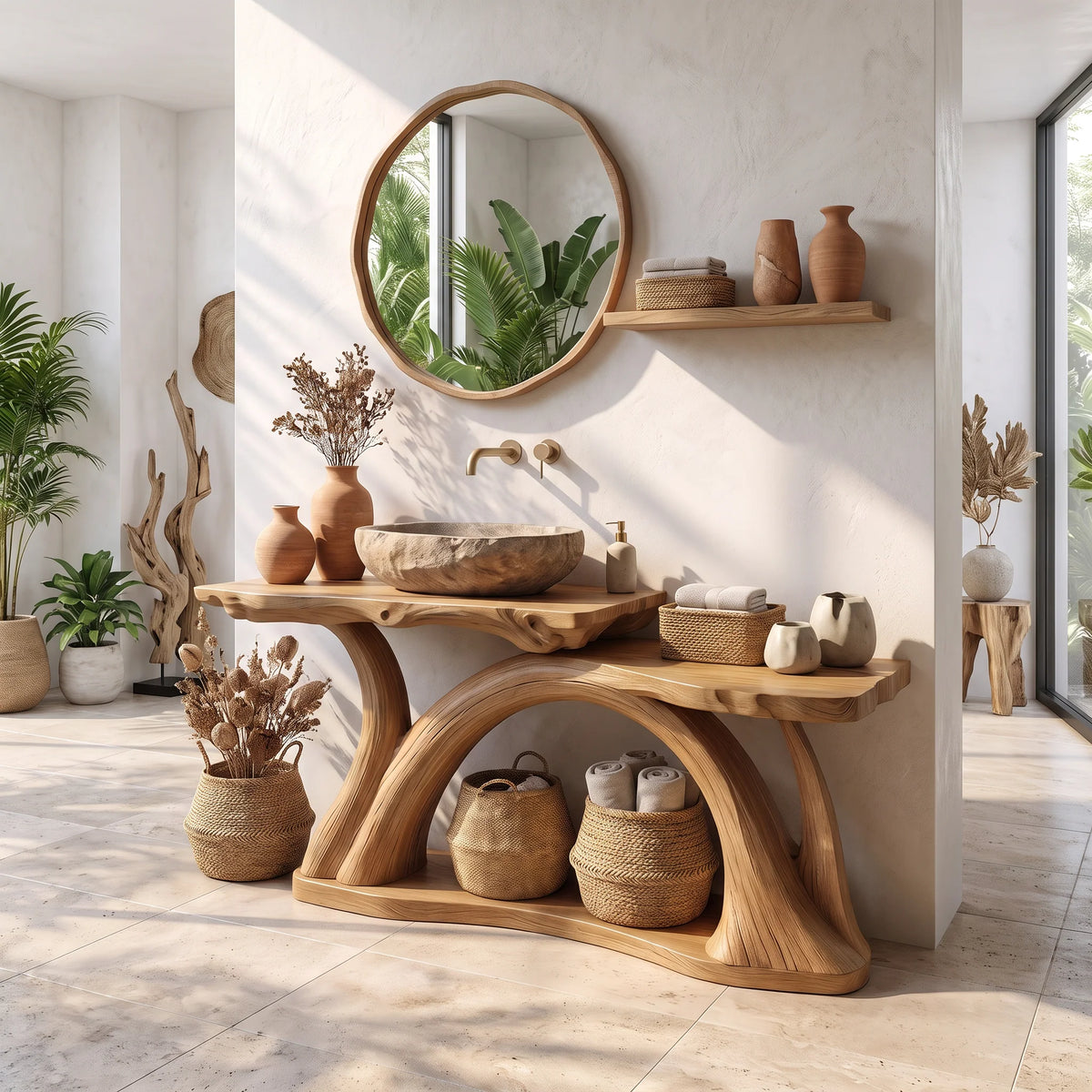 Bathroom Vanity Solid Wood with Sculptural Arch Base and Open Shelf Storage