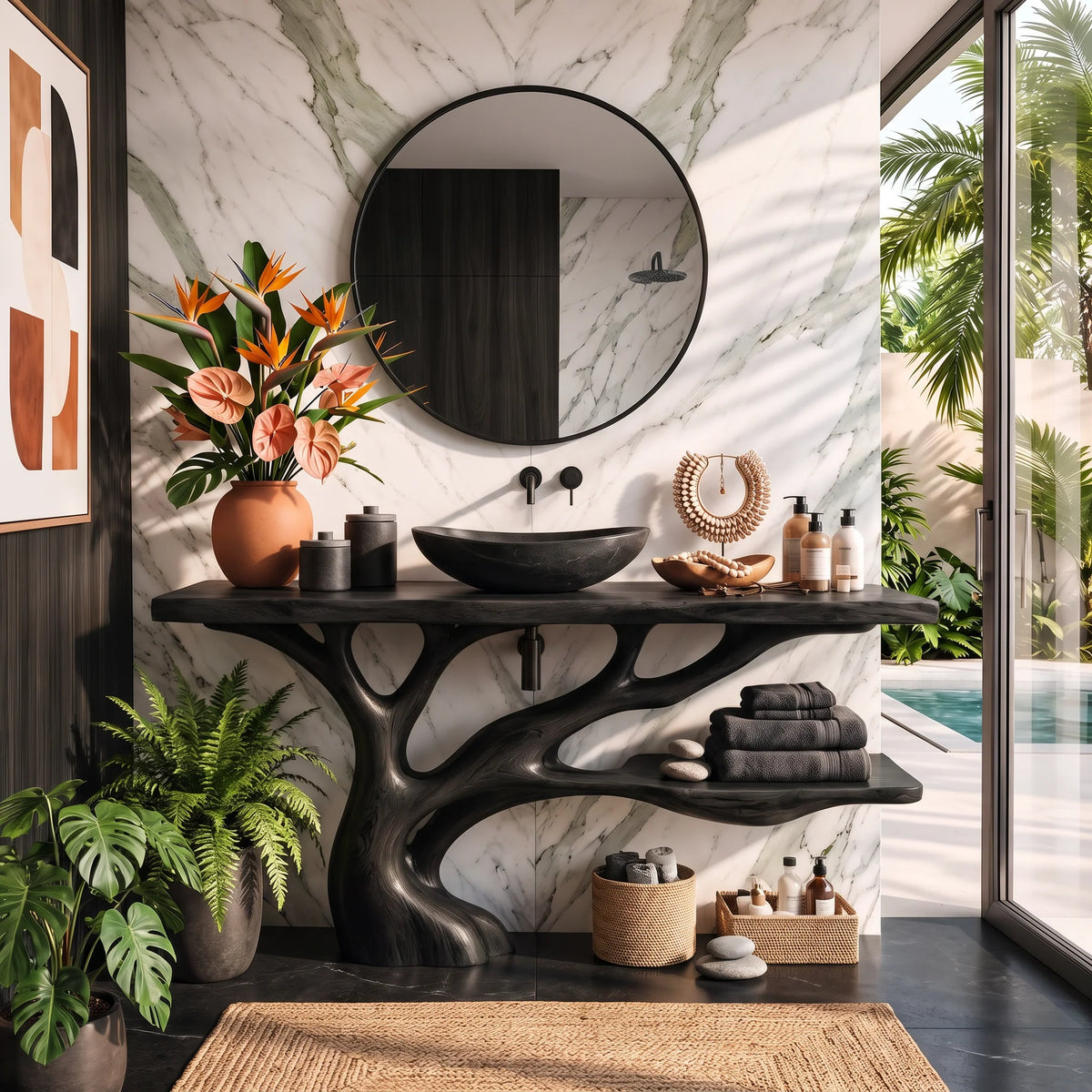 Solid Wood Bathroom Vanity with Sculptural Branch Base