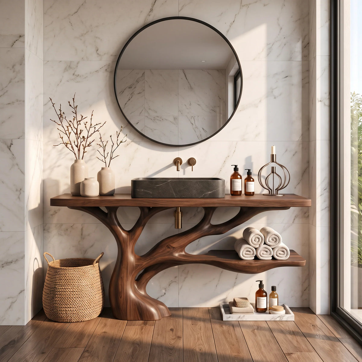 Solid Wood Bathroom Vanity with Sculptural Branch Base