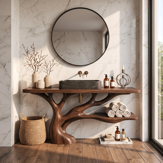 Solid Wood Bathroom Vanity with Sculptural Branch Base