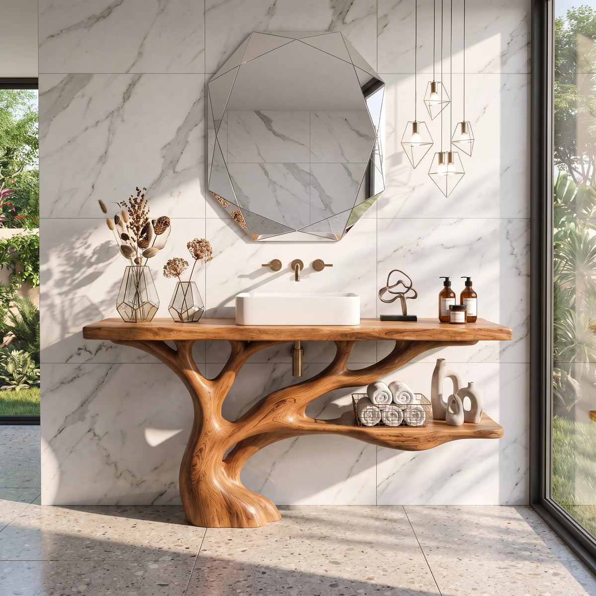 Solid Wood Bathroom Vanity with Sculptural Branch Base