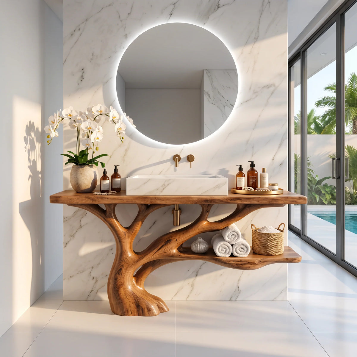 Solid Wood Bathroom Vanity with Sculptural Branch Base