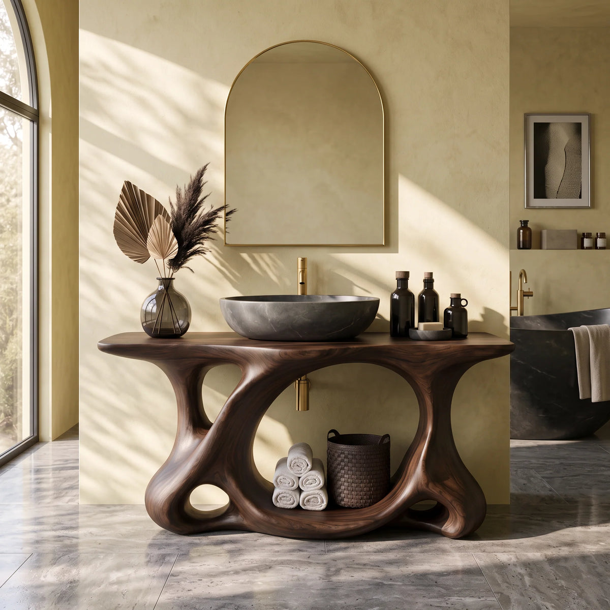 Solid Wood Bathroom Vanity with Sculptural Multi-Arch Base