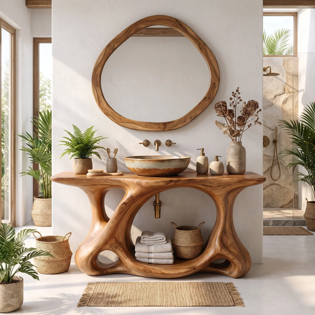 Solid Wood Bathroom Vanity with Sculptural Multi-Arch Base