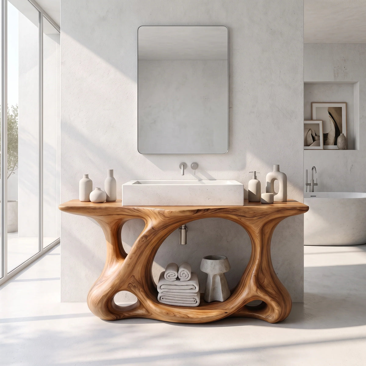 Solid Wood Bathroom Vanity with Sculptural Multi-Arch Base