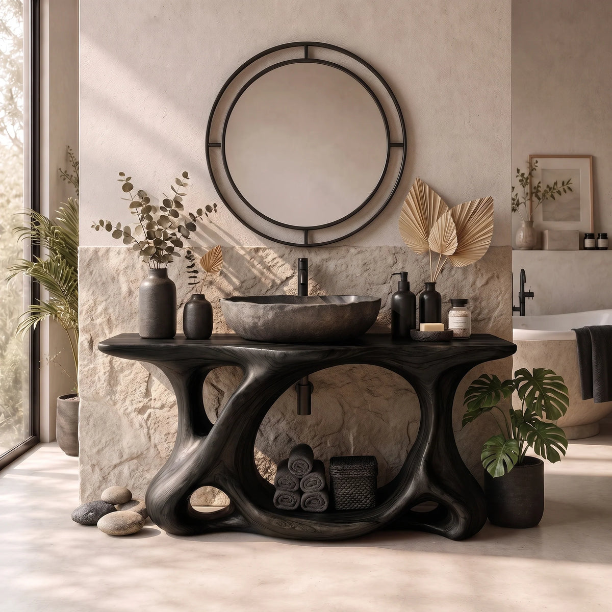 Solid Wood Bathroom Vanity with Sculptural Multi-Arch Base