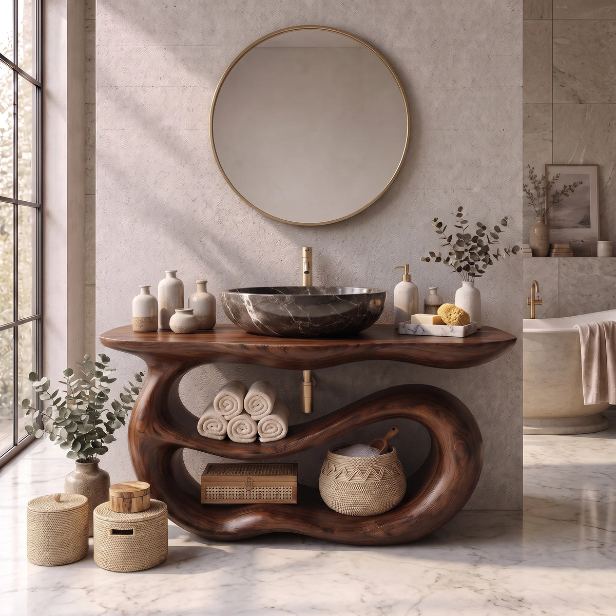 Solid Wood Bathroom Vanity with Sculptural Double-Loop Base and Open Shelf Storage