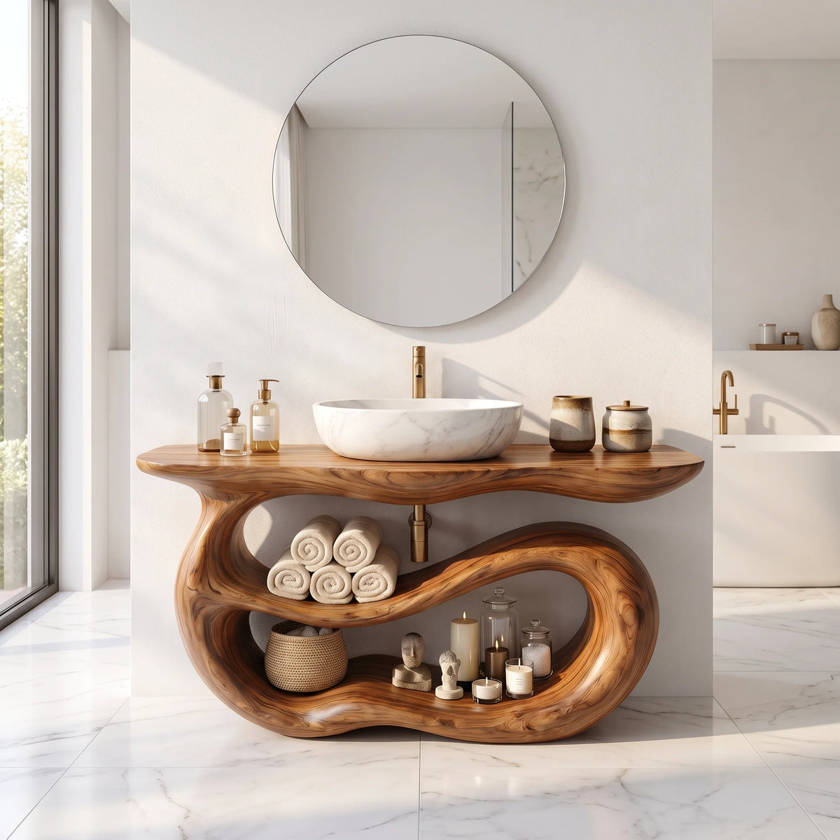 Solid Wood Bathroom Vanity with Sculptural Double-Loop Base and Open Shelf Storage