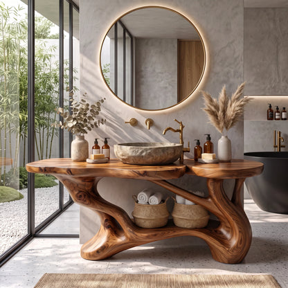 Solid Wood Bathroom Vanity with Sculptural Branch Frame and Open Shelf Storage