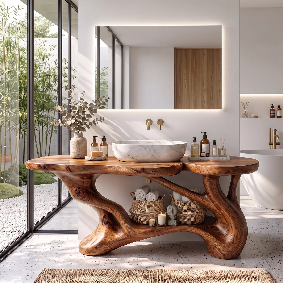 Solid Wood Bathroom Vanity with Sculptural Branch Frame and Open Shelf Storage