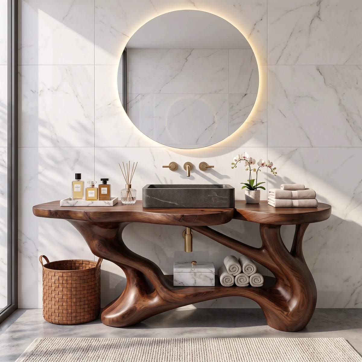 Solid Wood Bathroom Vanity with Sculptural Branch Frame and Open Shelf Storage