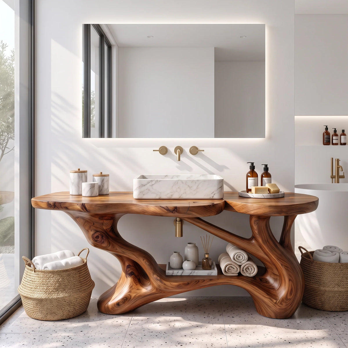 Solid Wood Bathroom Vanity with Sculptural Branch Frame and Open Shelf Storage