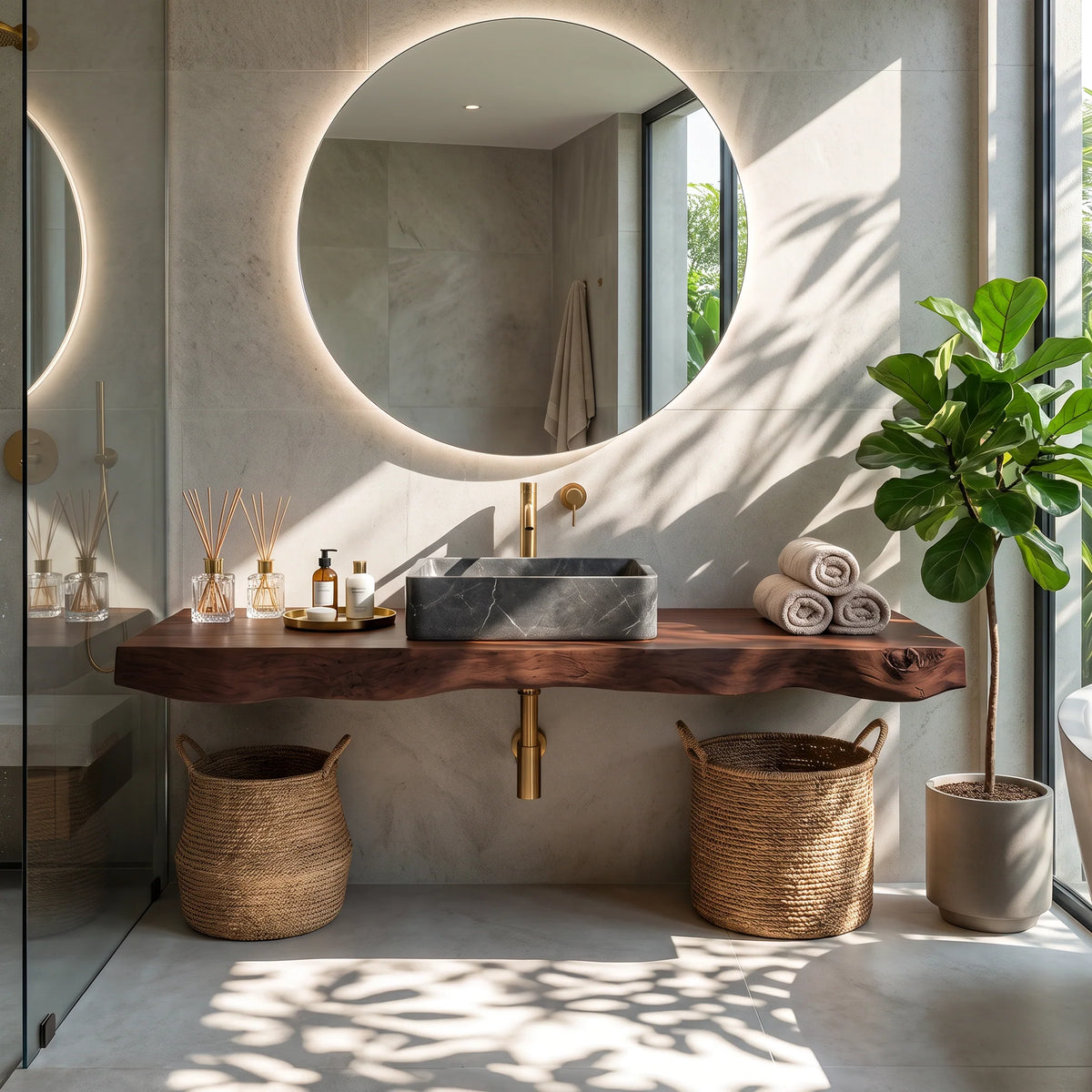 Solid Wood Floating Bathroom Vanity with Live Edge Countertop – Modern Organic Bathroom Cabinet