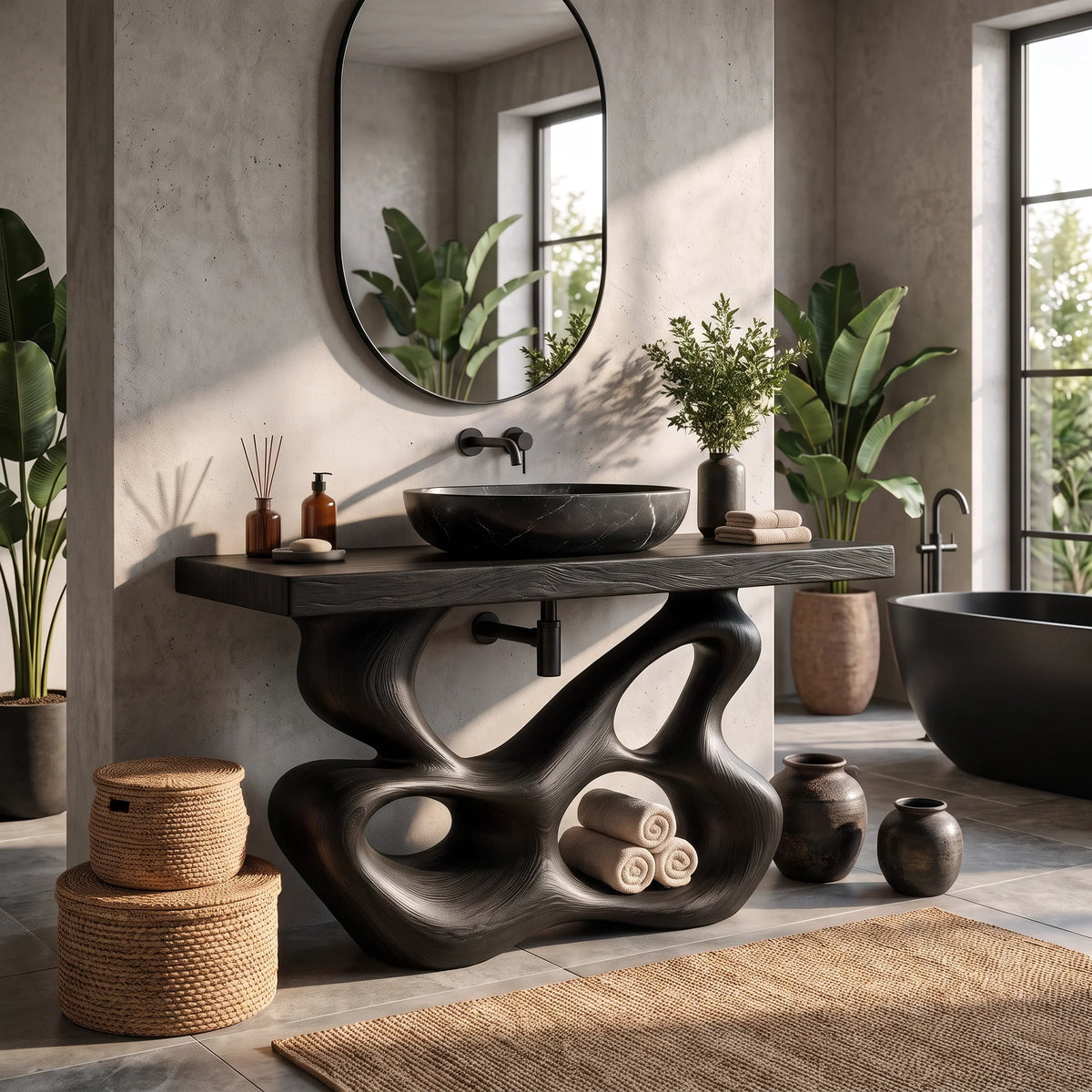 Solid Wood Bathroom Vanity with Sculptural Multi-Loop Base