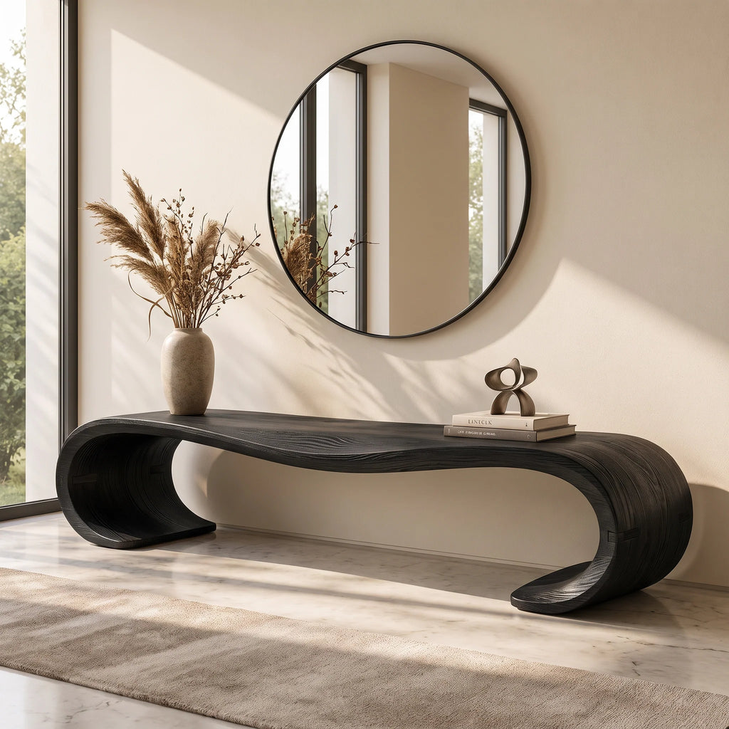 Sculptural Solid Wood Entryway Bench with Waterfall Loop Base