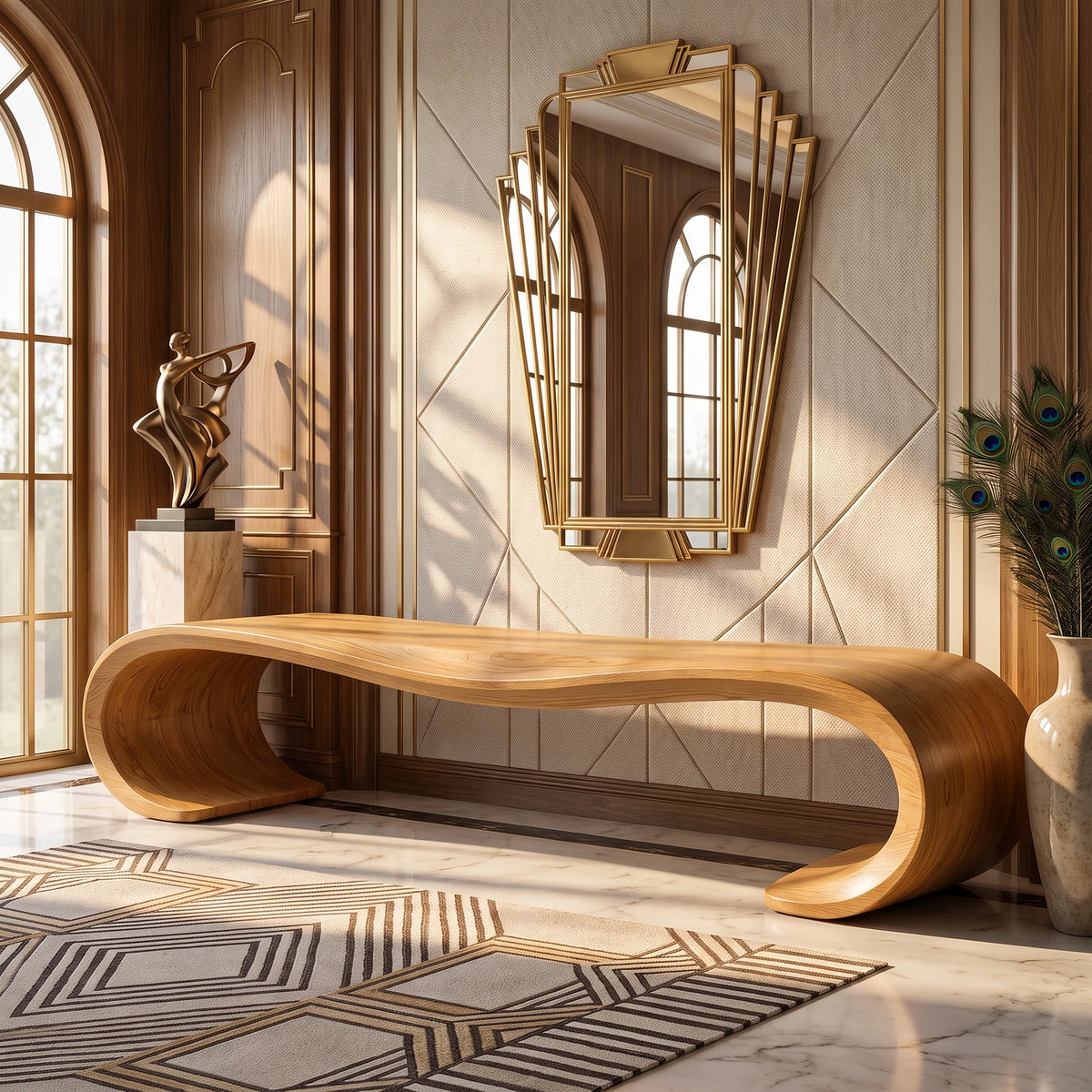 Sculptural Solid Wood Entryway Bench with Waterfall Loop Base