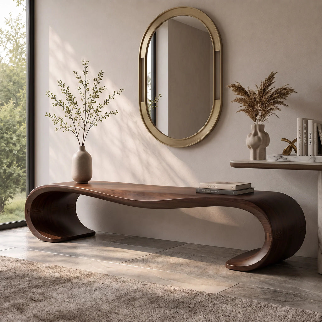 Sculptural Solid Wood Entryway Bench with Waterfall Loop Base