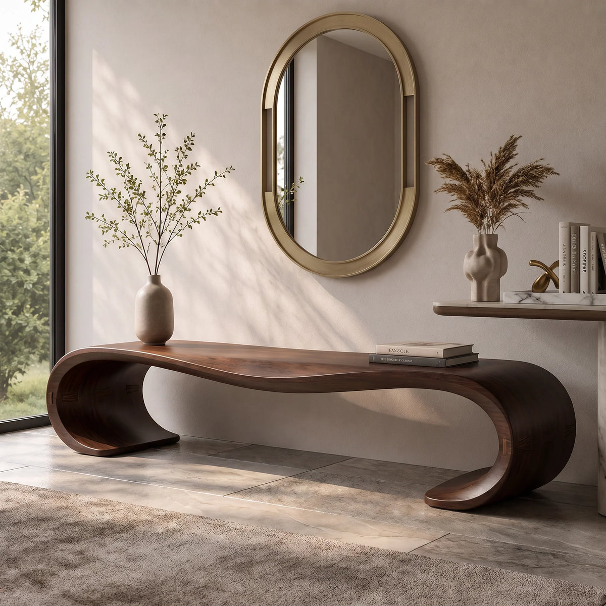 Sculptural Solid Wood Entryway Bench with Waterfall Loop Base