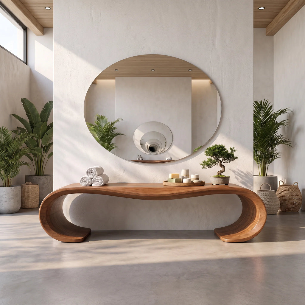 Sculptural Solid Wood Entryway Bench with Waterfall Loop Base
