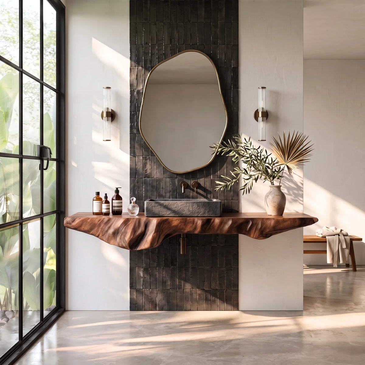 Solid Wood Floating Bathroom Vanity Shelf with Organic Carved Edge – Modern Natural Wood Wall Shelf
