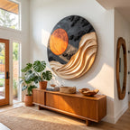 Solid Wood Wall Art with Sculptural Wave and Sun Design for Living Room Decor
