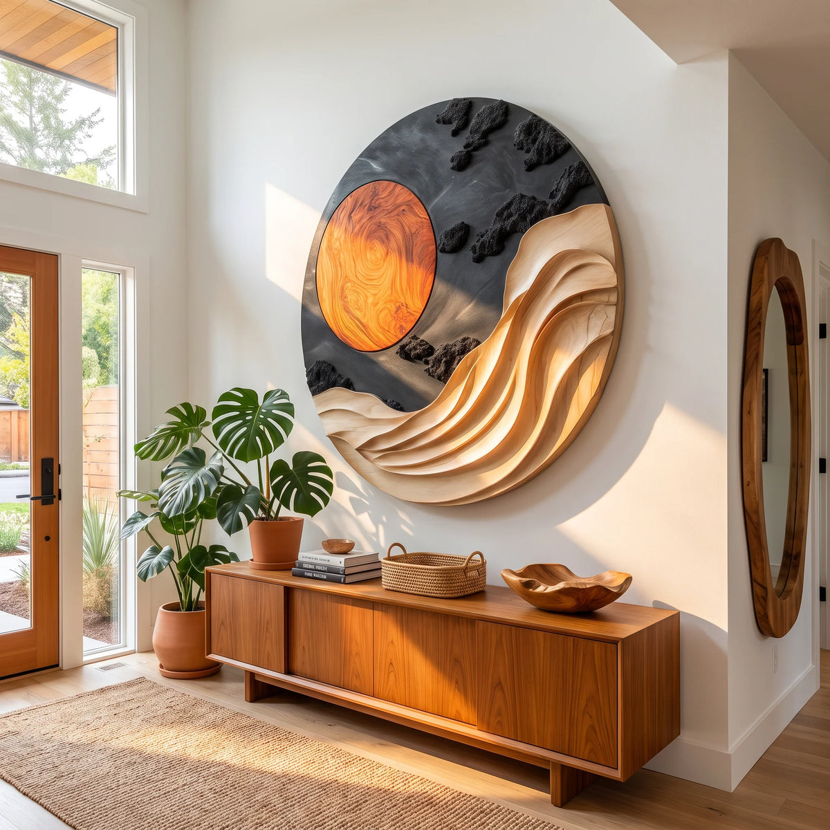 Solid Wood Wall Art with Sculptural Wave and Sun Design for Living Room Decor