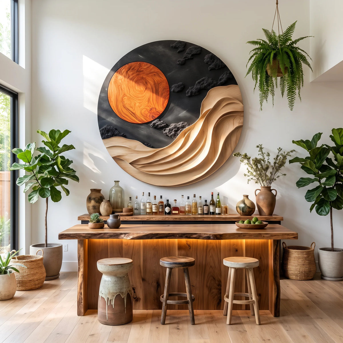 Solid Wood Wall Art with Sculptural Wave and Sun Design for Living Room Decor