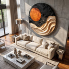 Solid Wood Wall Art with Sculptural Wave and Sun Design for Living Room Decor