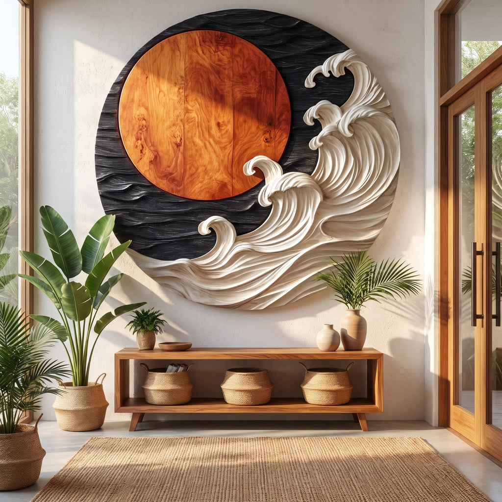 Round Solid Wood Wall Art with Sculptural Ocean Waves and Rising Sun