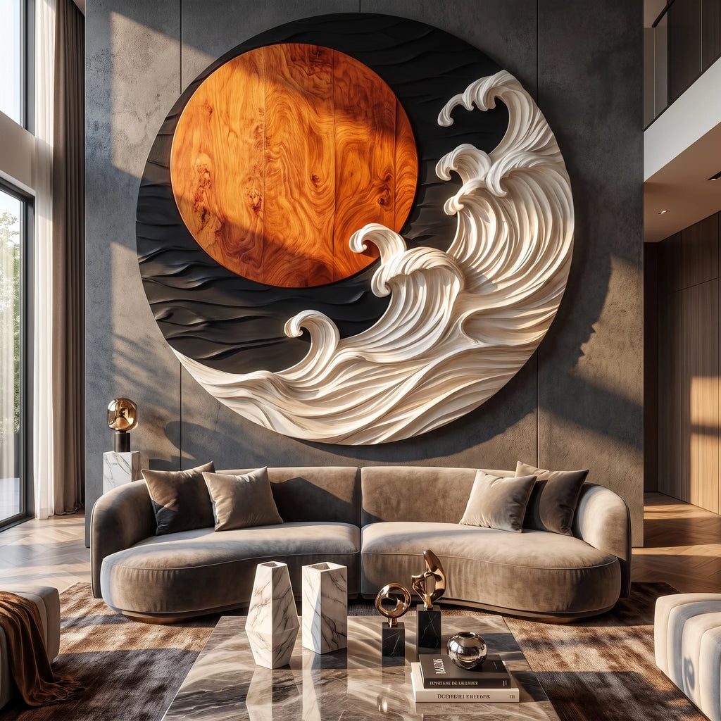 Round Solid Wood Wall Art with Sculptural Ocean Waves and Rising Sun