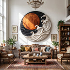 Round Solid Wood Wall Art with Sculptural Ocean Waves and Rising Sun